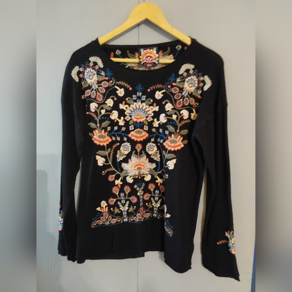 Johnny Was Black Embroidered Floral Sweater with Multicolor Stitching